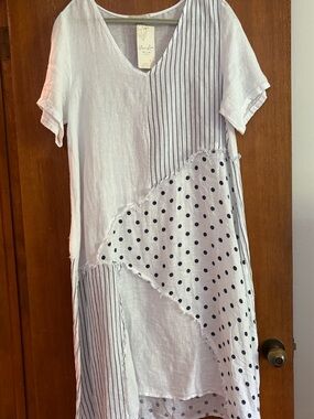 Puro Lino White Patchwork Italian Linen Dress with Stripes & Polka Dots Lrg New